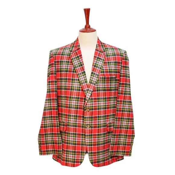 Mens Lambswool Sport Coat 44R Red Green Tartan Plaid Blazer 2 Button Heritage