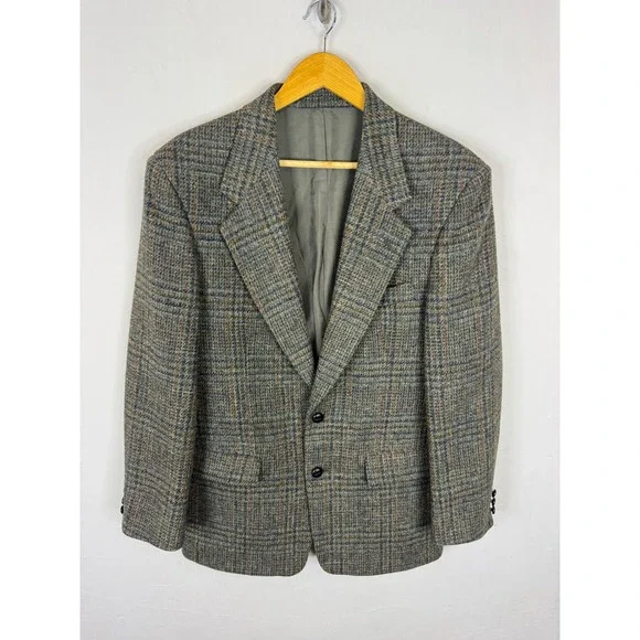 Harris Tweed Mens 40 Regular Glen Plaid Wool Blazer Jacket Green Brown Scotland