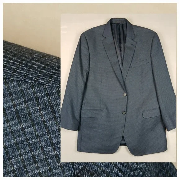 Chaps 44L Mens Sport Coat Jacket‎ Houndstooth Blue Rayon Polyester