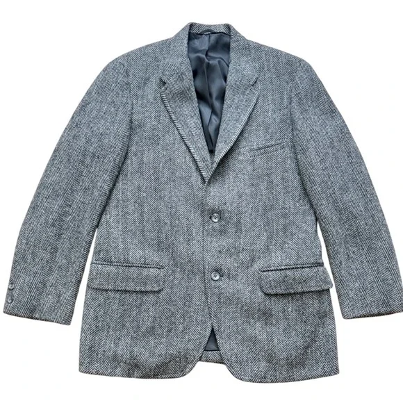 Harris Tweed Mens Grey Herringbone Wool Blazer Coat Handwoven Scotland qq06