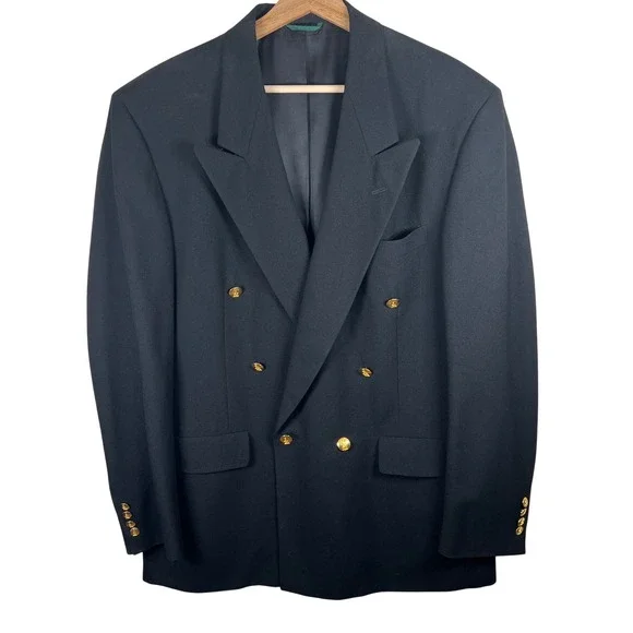Austin Reed Mens 42L Double Breasted Blazer Black Pure Virgin Wool‎ Gold Button