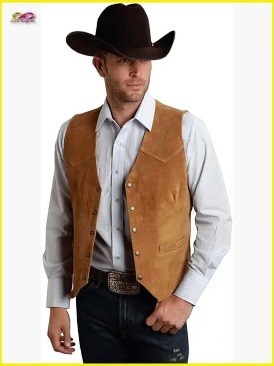 Suede Leather Vest Vintage Cowboy Slim Fit Sleeveless Jacket Retro Western