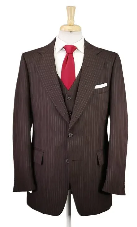 Vintage 1970's Brown Pinstripe 3-Piece Polyester 2-Btn Flared Pants Suit 42L