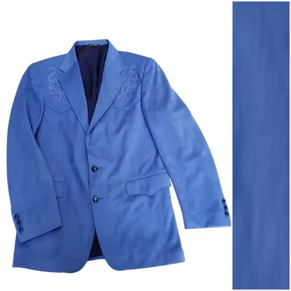 Vintage Pagano West Blue Polyester Western Blazer Jacket Sport Coat 42L