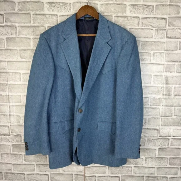 Circle S Dallas Texas Mens Blue Cotton Western Blazer Sport Coat 44R Denim Style