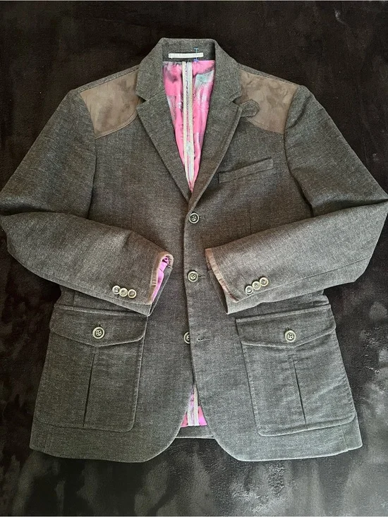 Ted Baker Gray Sport Coat with Brown Shoulder Accents and Pink Lining