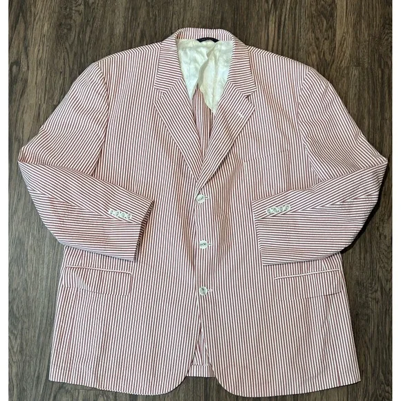 Brooks Brothers Mens 1818 Madison Red Striped Blazer Jacket Seersucker 52R Candy