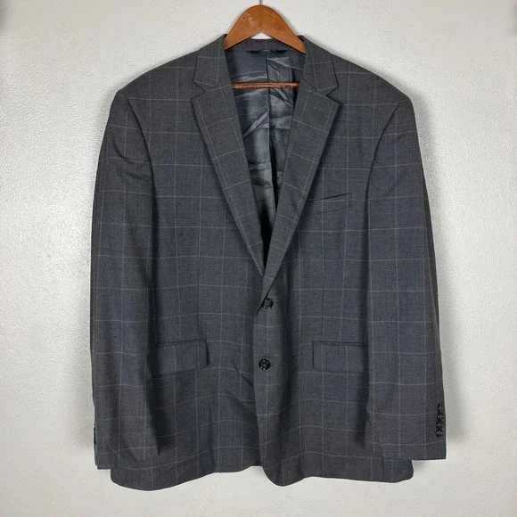 Jos A Bank Executive Sport Coat Suit Jacket Men 46R Gray Windowpane Wool Classic