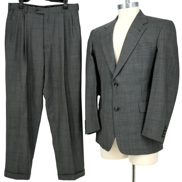 Hart Schaffner Marx Suit Mens 41R Gray Plaid Wool Pleated Cuffed Pants Vintage