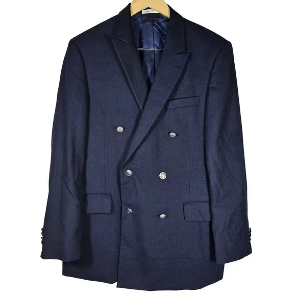 Joseph Abboud Mens Navy Blue Double Breasted Wool Blazer Suit Jacket Sport Coat