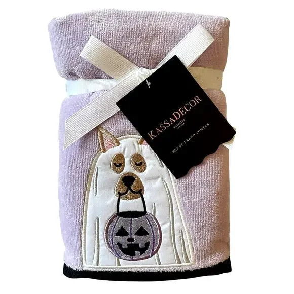 Kassa Decor Halloween Dog Ghost Hand Towels 18x28  Lavender & White Set of 2 NEW
