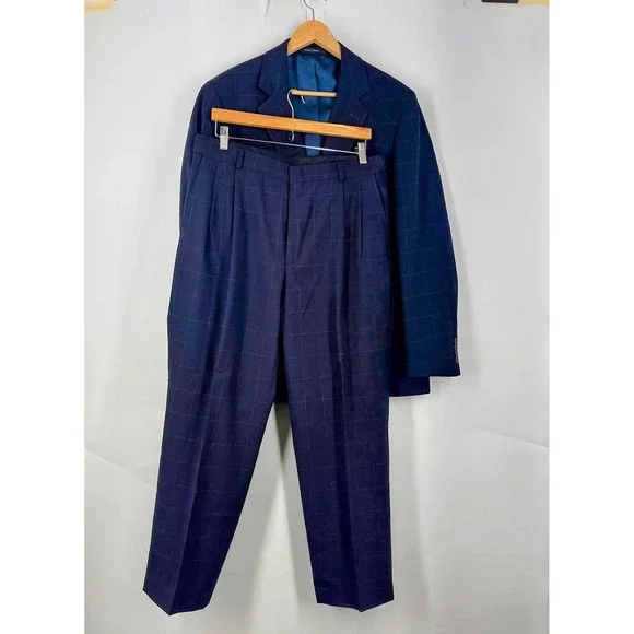 Lands' End Navy‎ Windowpane Check 2-Piece Suit Wool Pleated Pants SZ 42R  34W