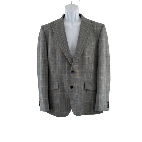 Express Suit Jacket Mens 40R Gray Plaid Wool Blend Extra Slim Stretch Business