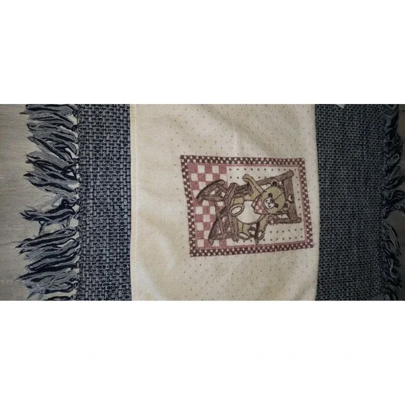 Vintage Teddy Bear Embroidered Hand Towel Fringe Cream Blue Pink Polka Dot