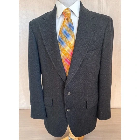 Vintage Jos A Bank Wool Tweed Green Herringbone Sport Coat Blazer Jacket Sz 42R