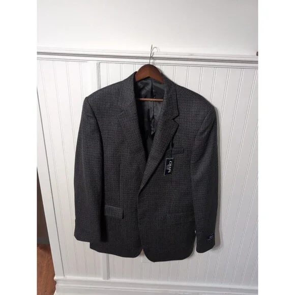 CHAPS SPORT COAT MEN'S 42L NAVY BLUE Lambswool Houndstooth 2 Button Blazer