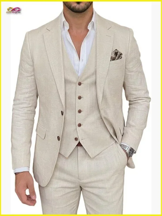 Linen Suit 3 Piece Set Slim Fit Blazer Vest Pants Elegant Wedding Business