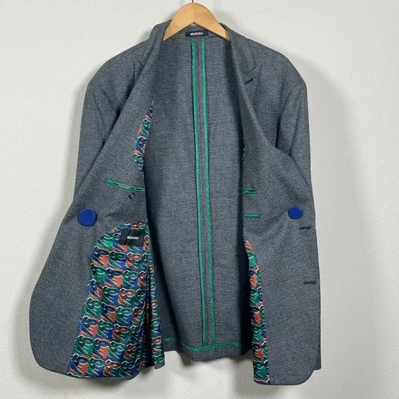 Murano Blazer Mens 2XB Grey Houndstooth Excellent Dinosaur Lining Sport Coat