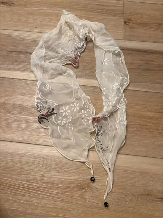 Vintage Sheer Silk Floral Embroidered Scarf with Beaded Ends