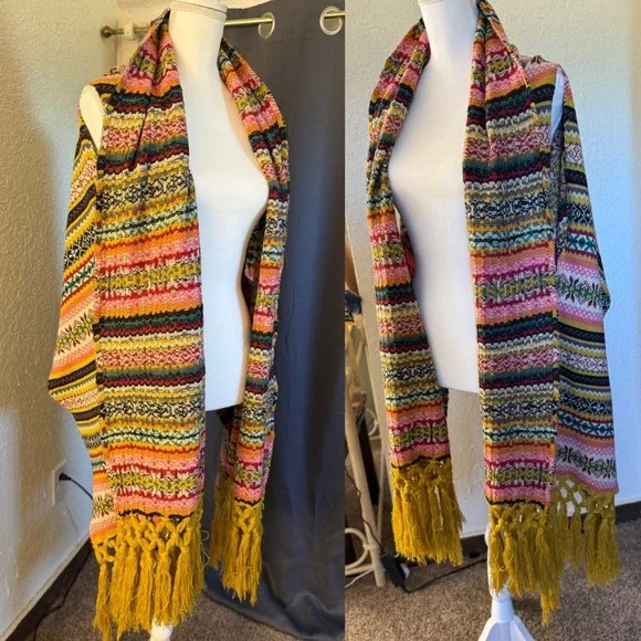 Ivy Jane Multi Color Fair Isle Knit Poncho Wrap Tassel‎ Fringe One Size