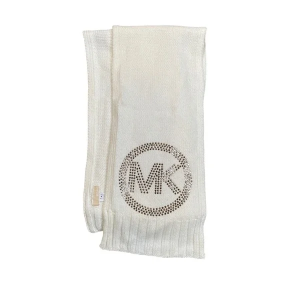 Michael Kors MK Logo Crystal Scarf Cream White Knit Winter Ski‎ Warm Women
