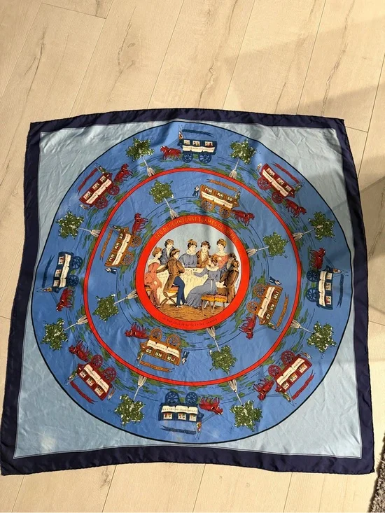 Hermes Blue Red Multi-Color Scenic Carriage Silk Scarf