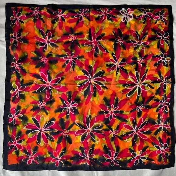 Hand Painted Silk‎ Scarf Floral Abstract Signed Barb Marla 20x21