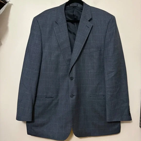 Meeting Street‎ Mens 46R Blazer Silk Wool Blue Herringbone Windowpane Sport Coat