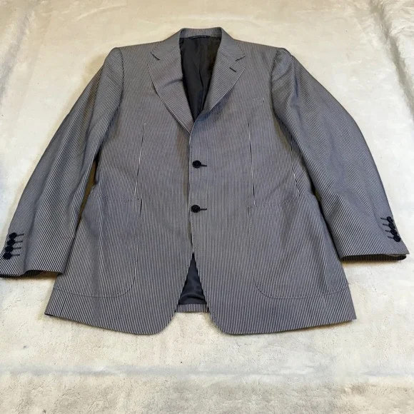 Canali Mens Silk Cotton Striped Blazer Sport Coat Blue White US‎ 38 R Italy