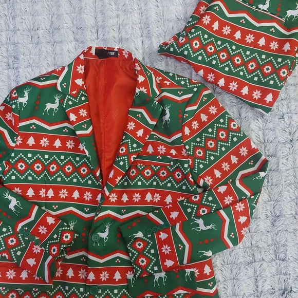 Festive Green and Red Blazer with Reindeer Pattern Large‎ 42-44