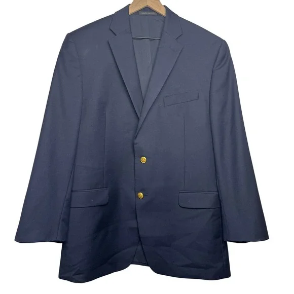 Lauren Ralph Lauren Mens Navy Blue Wool‎ Blazer Gold Crest Button Sport Coat 40R