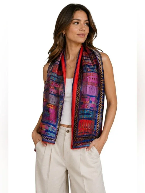 Laurel Burch Celebrations Cats 100% Silk Scarf. Purple/Red
