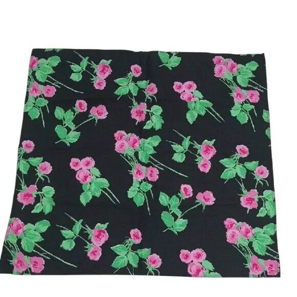 Vintage Floral Scarf Black Pink Rose Print Square 27x27 Retro Hair Neck Wrap