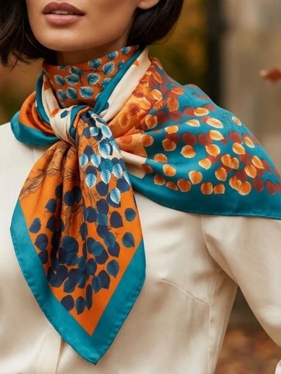 NWT Satin Neck Scarf Head Wrap Teal Orange Botanical Tree Foliage Print 35