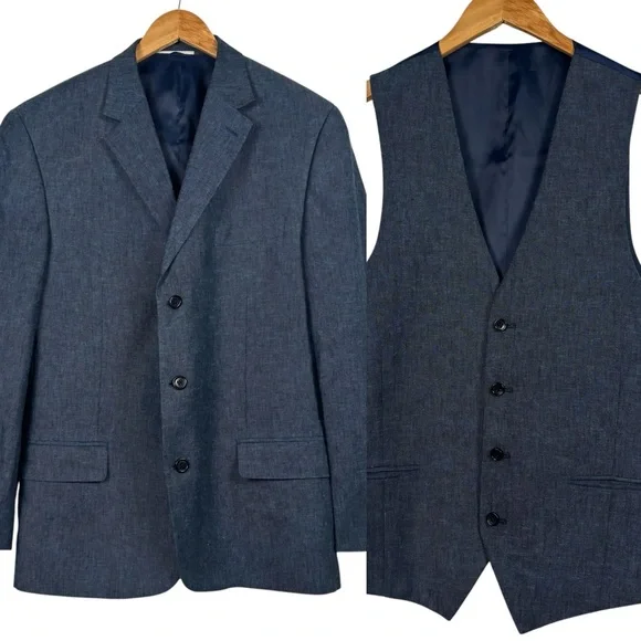 Joseph Abboud Blazer Vest Combo Set Linen Blend Blue Jacket Sport Coat Men's 42L