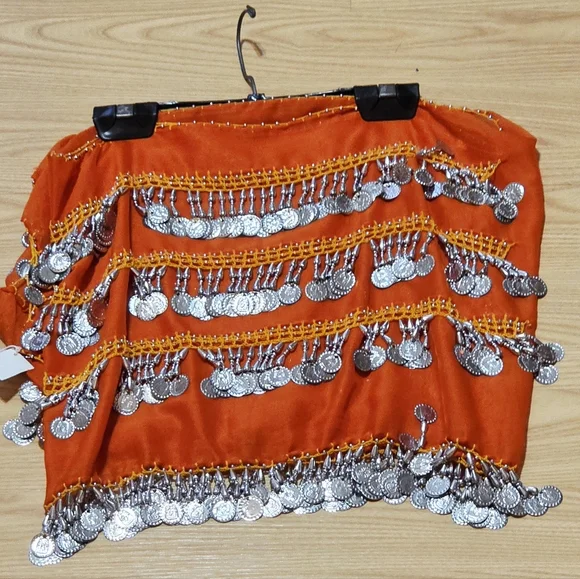 Renaissance Belly Dance Hip Scarf Orange With Silver Coins ~New~ Firm Price