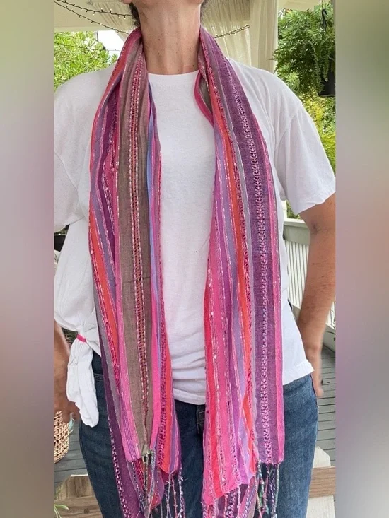 Boho Woven Fringe Scarf | Purple, Pink Artisan Wrap| Soft Lightweight