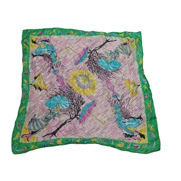 VTG Normandy Silk Scarf 32x32 Umbrella Novelty Print MCM Retro Dopamine Whimsy