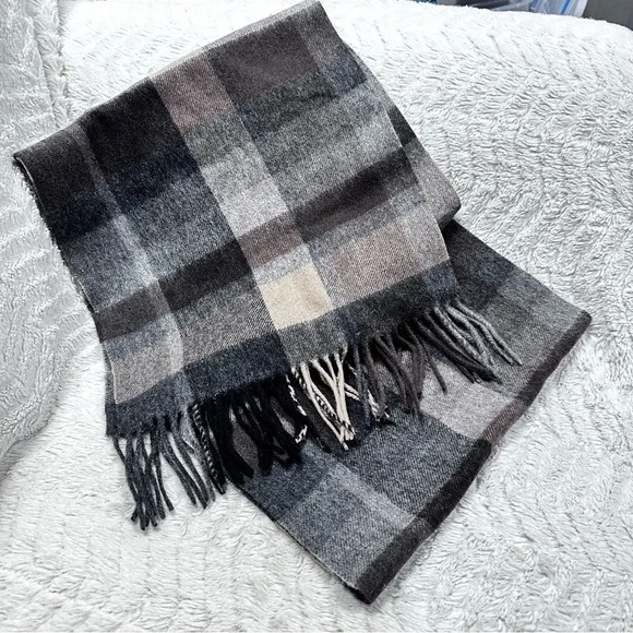 Super Soft Gray, Brown, & Tan Plaid Fringe Winter Scarf Unisex