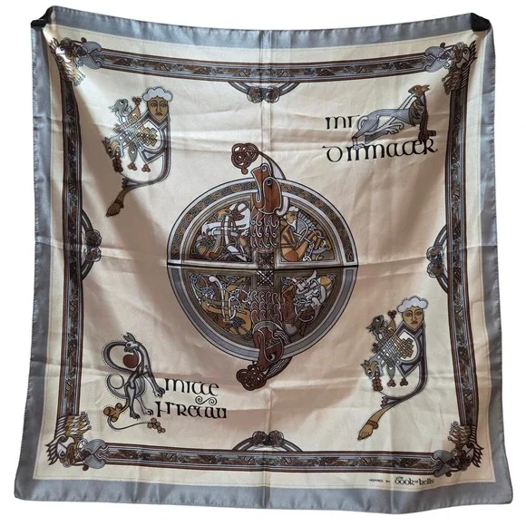 The Book of Kells Inspired Celtic Knotwork Square Scarf Cream Grey Gold Scarf