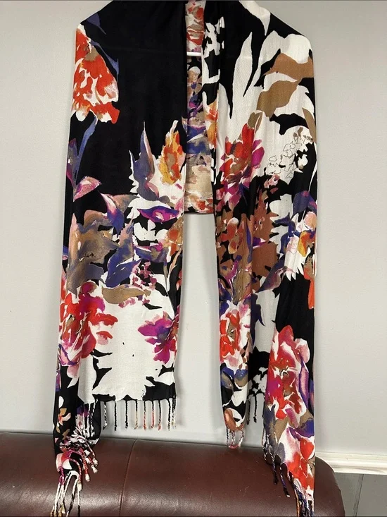 Dramatic Back, red & Purple Long Floral Fringe Scarf, medium weight Rayon, EUC!