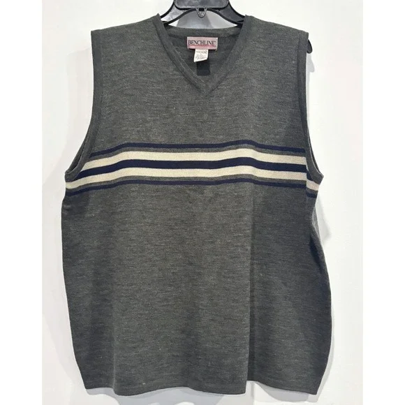 Vtg Benchline Sweater Vest Men Preppy Stripe V-Neck Wool Blend Large Retro 21303