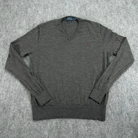 Polo Ralph Lauren Sweater Mens Large Charcoal 100% Merino Wool V Neck Custom Fit