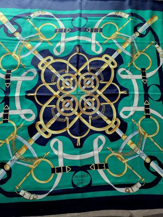 HERMES Esperon D'Or Green & Navy Silk Scarf