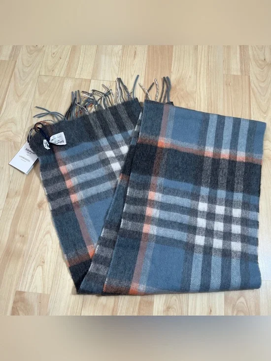 Edinburgh Lambswool scarf in a blue, grey, and orange plaid pattern  NEW
