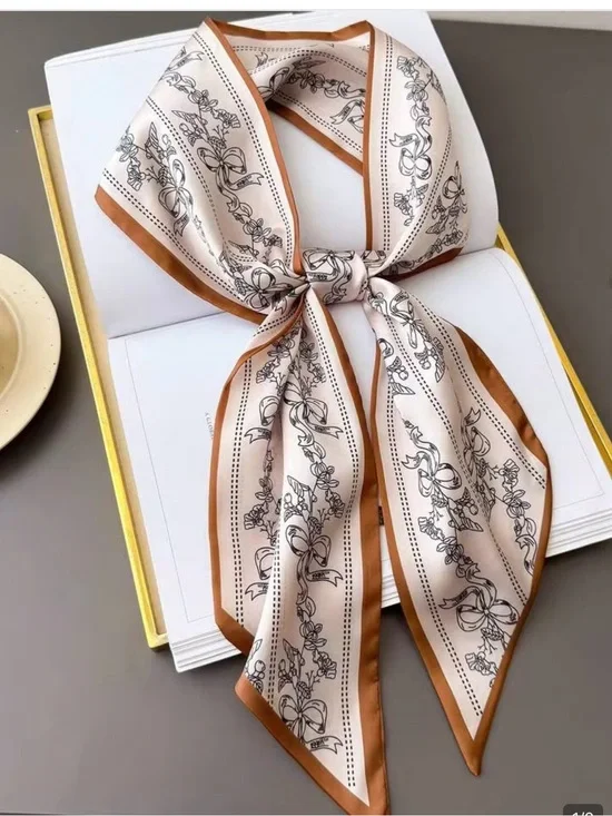 SHEIN Cream Scarf with Tan Border and Gray Scroll Motif