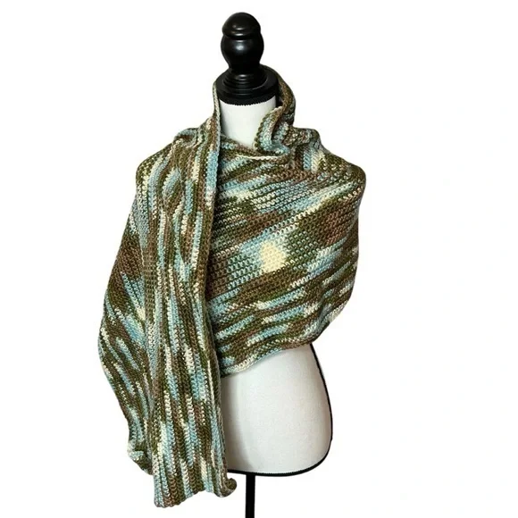 Handcrafted Crochet Wide Scarf Wrap White Green Brown Cold Weather Knit Handmade