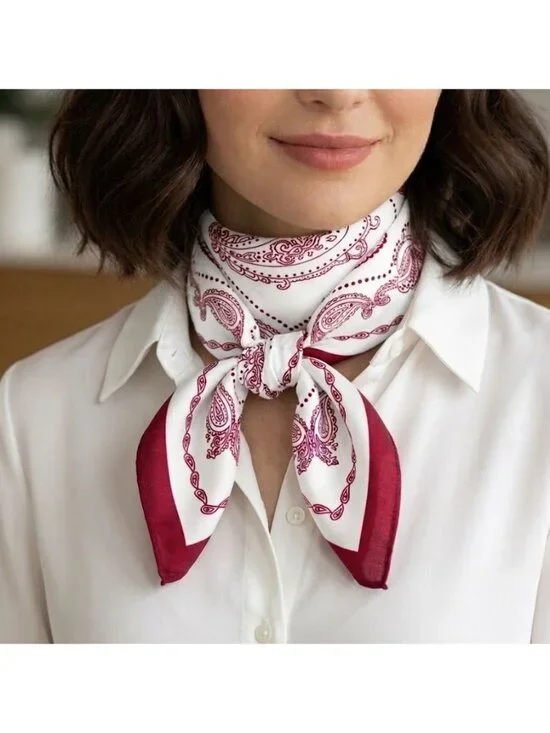 ❤️Elegant Bandana Square Scarf Silky Satin Beige Pink  Floral Paisley Versatile