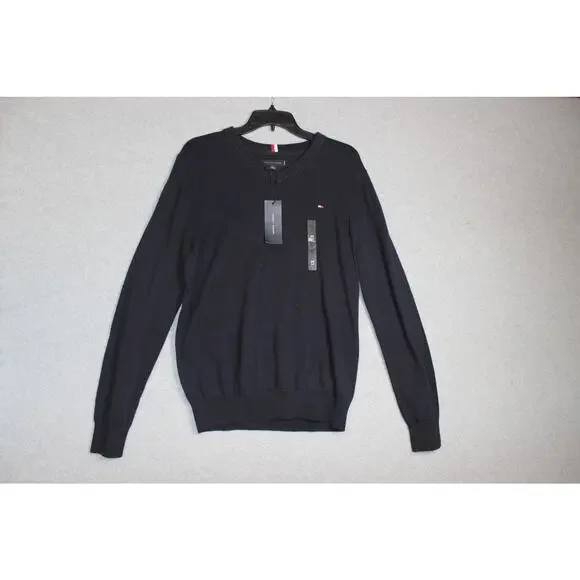 Tommy Hilfiger Men's‎ Black Solid V-Neck Cotton Pullover Sweater NWT Size Medium