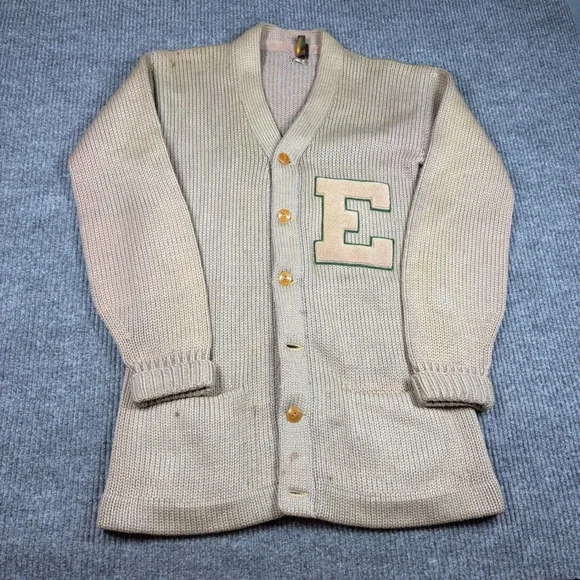 Vintage Lamb Knit Wool Letterman 50s Cardigan Sweater Tan‎ Men Size 38 Patch E